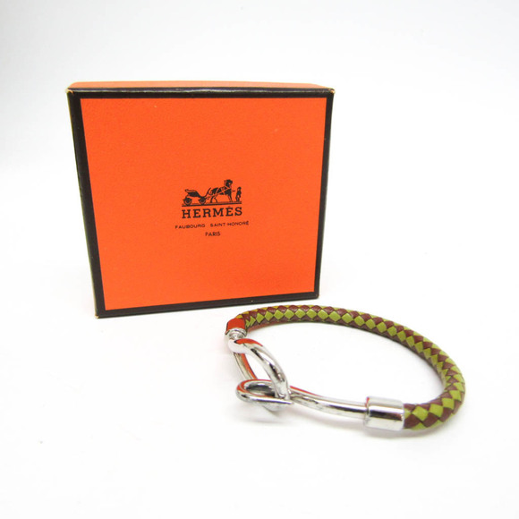 Hermes Jumbo Braiding Leather,Metal No Stone Bangle Dark Brown,Green,Silver